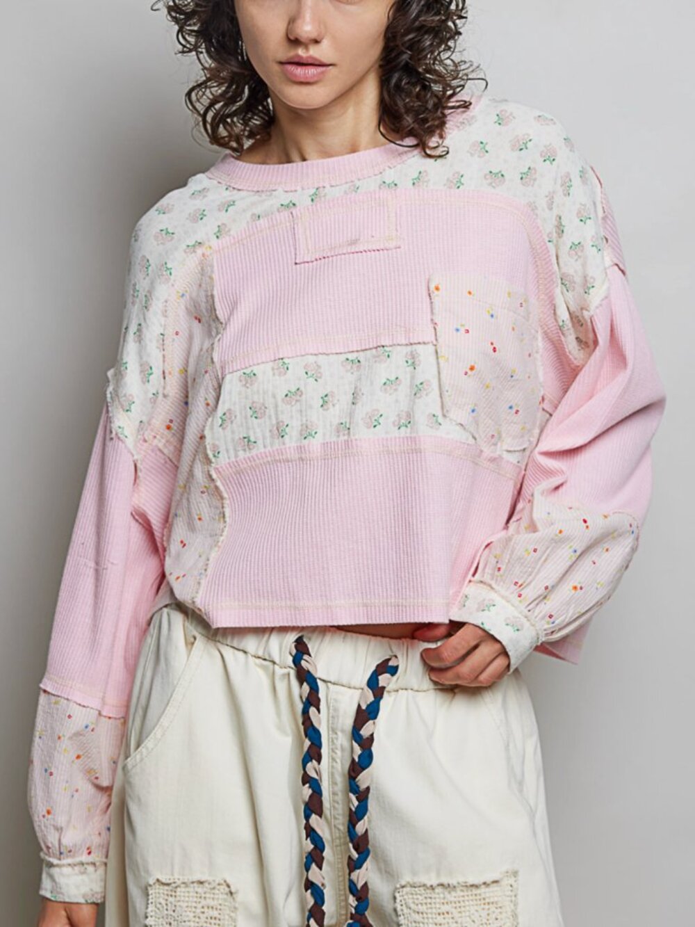 POL Floral Stripe Stitch Thermal Knit Long Sleeve Top Pink NWT